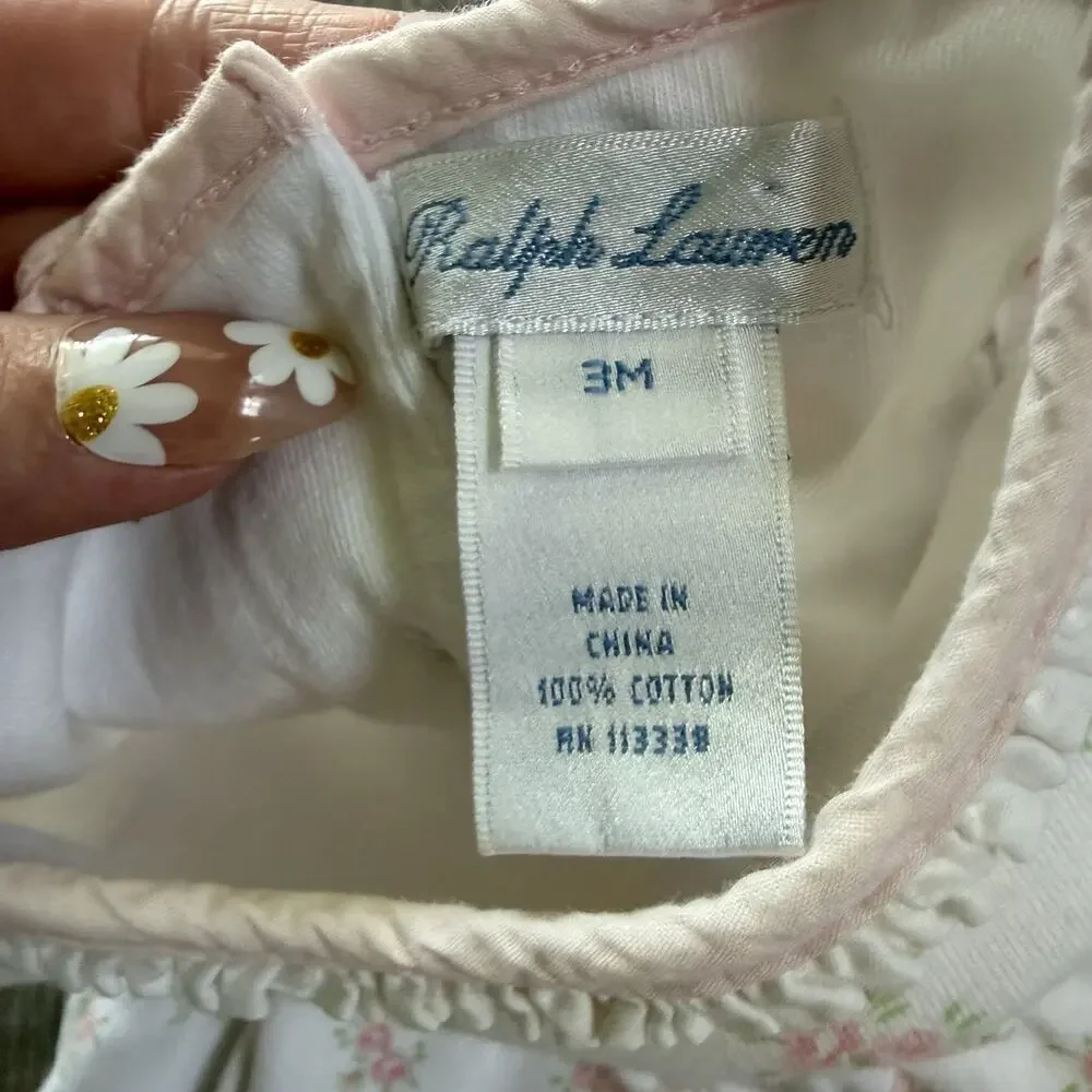 Vtg Ralph Lauren Baby Girl Floral 100% Cotton Dress 3 Months White Pink Ruffle